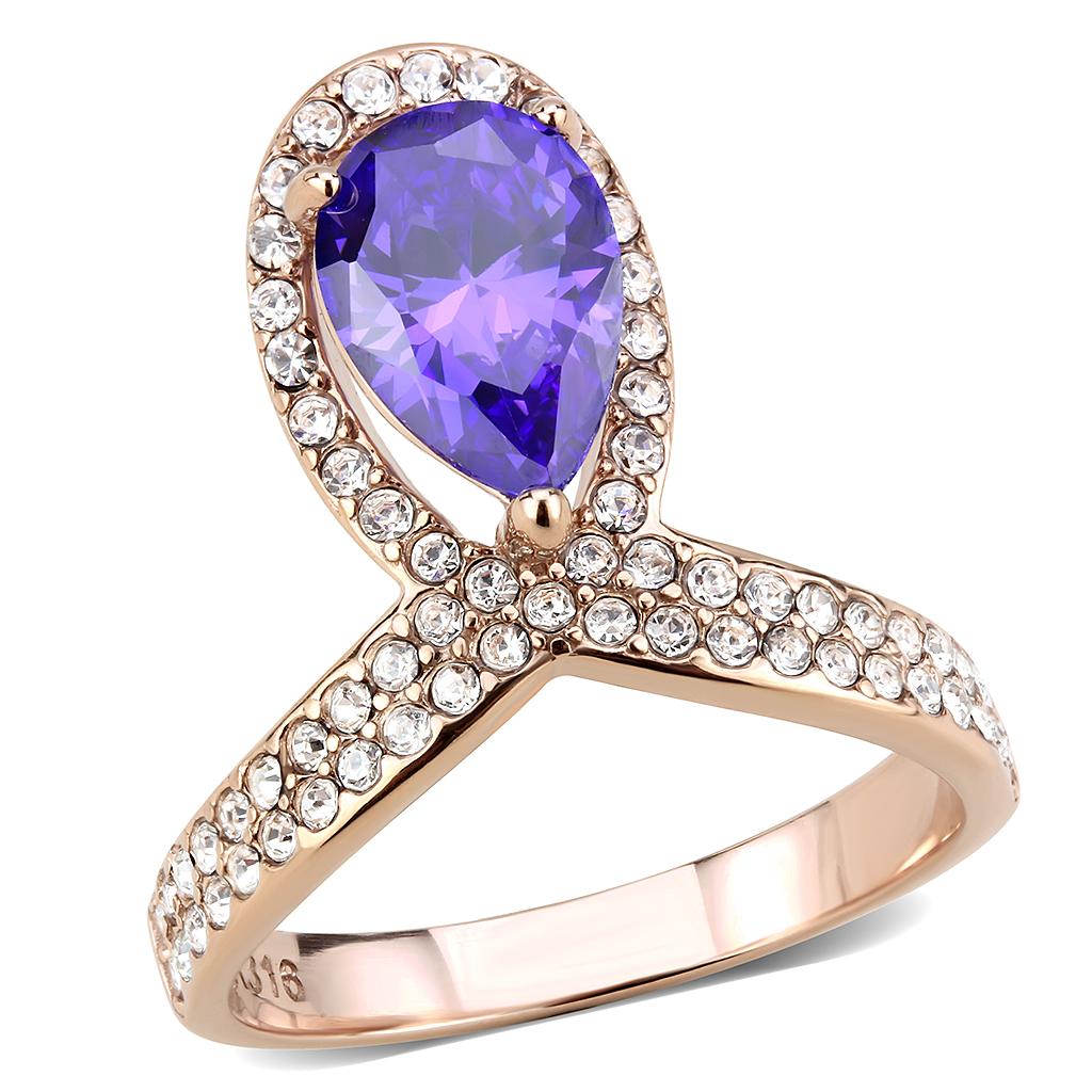 MATK3589 - IP Rose Gold(Ion Plating) Stainless Steel Ring with AAA Grade CZ  in Tanzanite