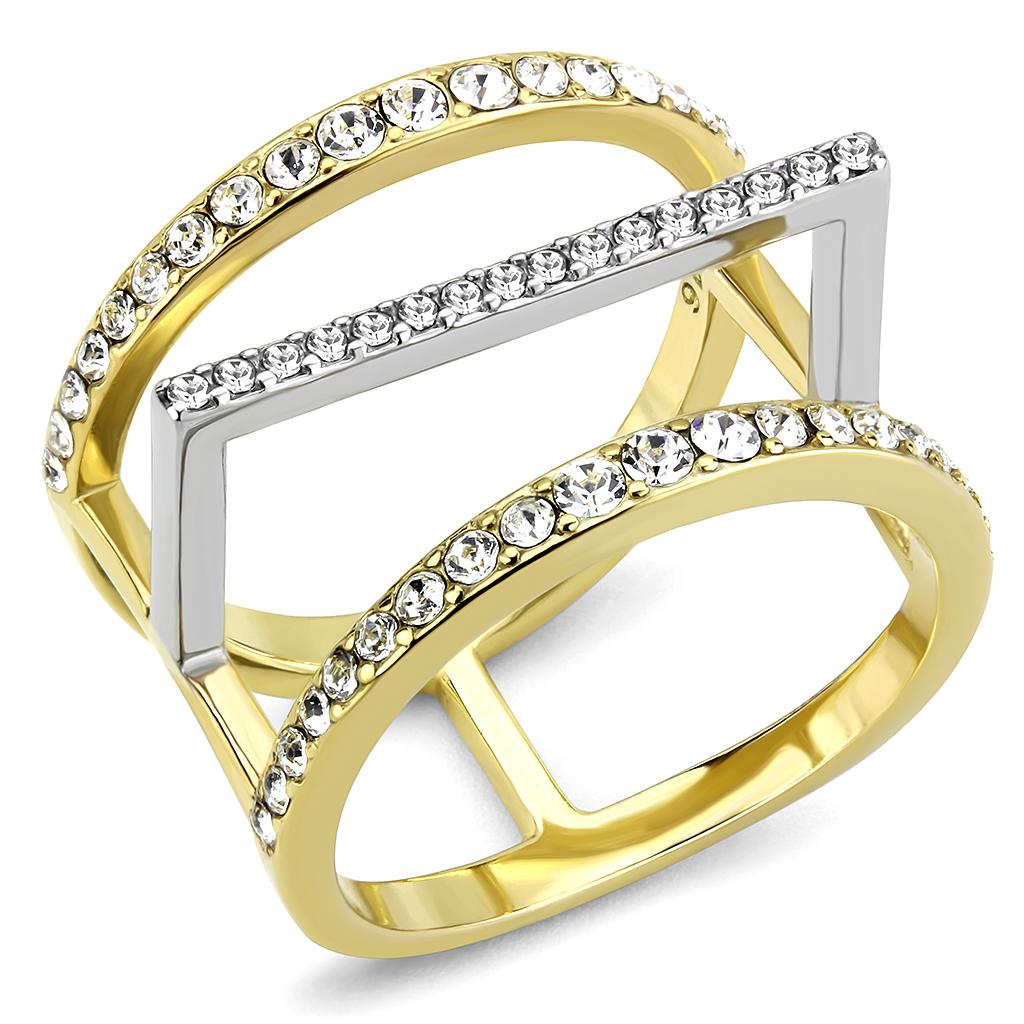 MATK3593 - Two-Tone IP Gold (Ion Plating) Stainless Steel Ring with Top Grade Crystal  in Clear