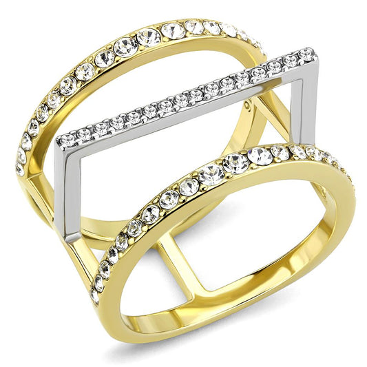 MATK3593 - Two-Tone IP Gold (Ion Plating) Stainless Steel Ring with Top Grade Crystal  in Clear