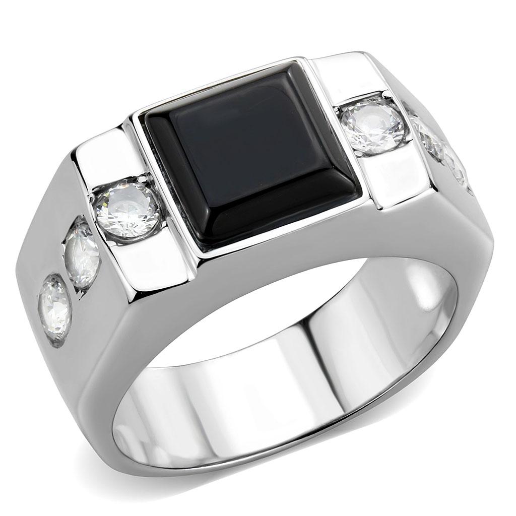 MATK3615 - High polished (no plating) Stainless Steel Ring with Synthetic Onyx in Jet