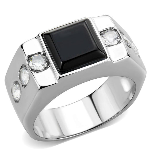MATK3615 - High polished (no plating) Stainless Steel Ring with Synthetic Onyx in Jet
