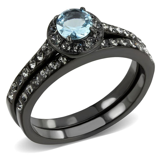 MATK3634 - IP Black(Ion Plating) Stainless Steel Ring with Synthetic Synthetic Glass in Sea Blue