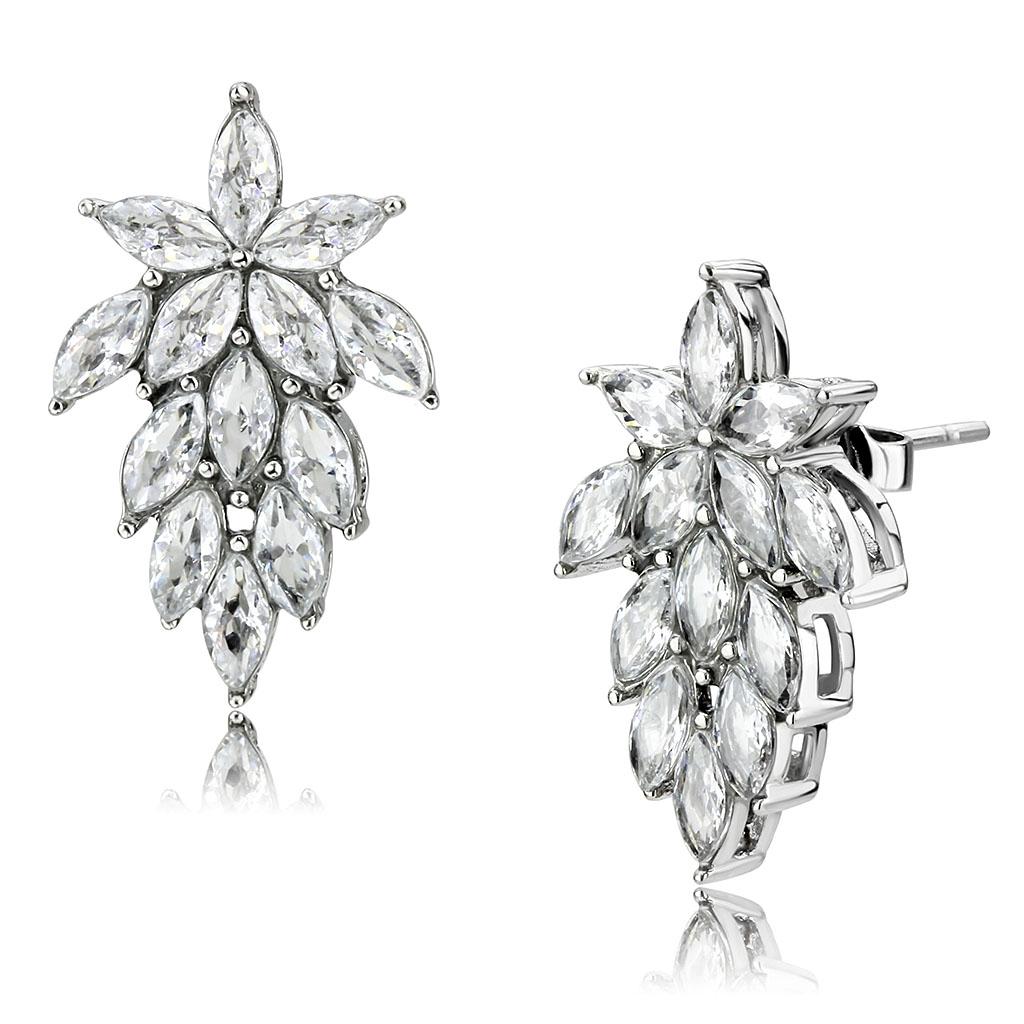 MATK3654 - High polished (no plating) Stainless Steel Earrings with AAA Grade CZ  in Clear