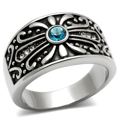 MATK377 - High polished (no plating) Stainless Steel Ring with Top Grade Crystal  in Capri Blue