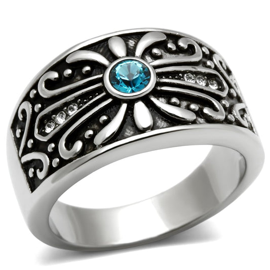 MATK377 - High polished (no plating) Stainless Steel Ring with Top Grade Crystal  in Capri Blue