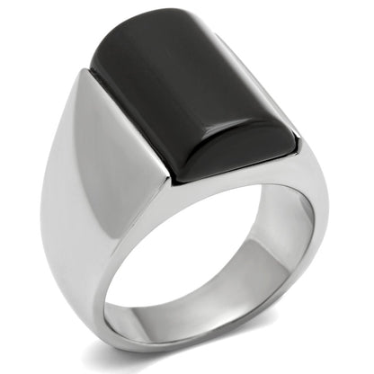 MATK379 - High polished (no plating) Stainless Steel Ring with Semi-Precious Onyx in Jet