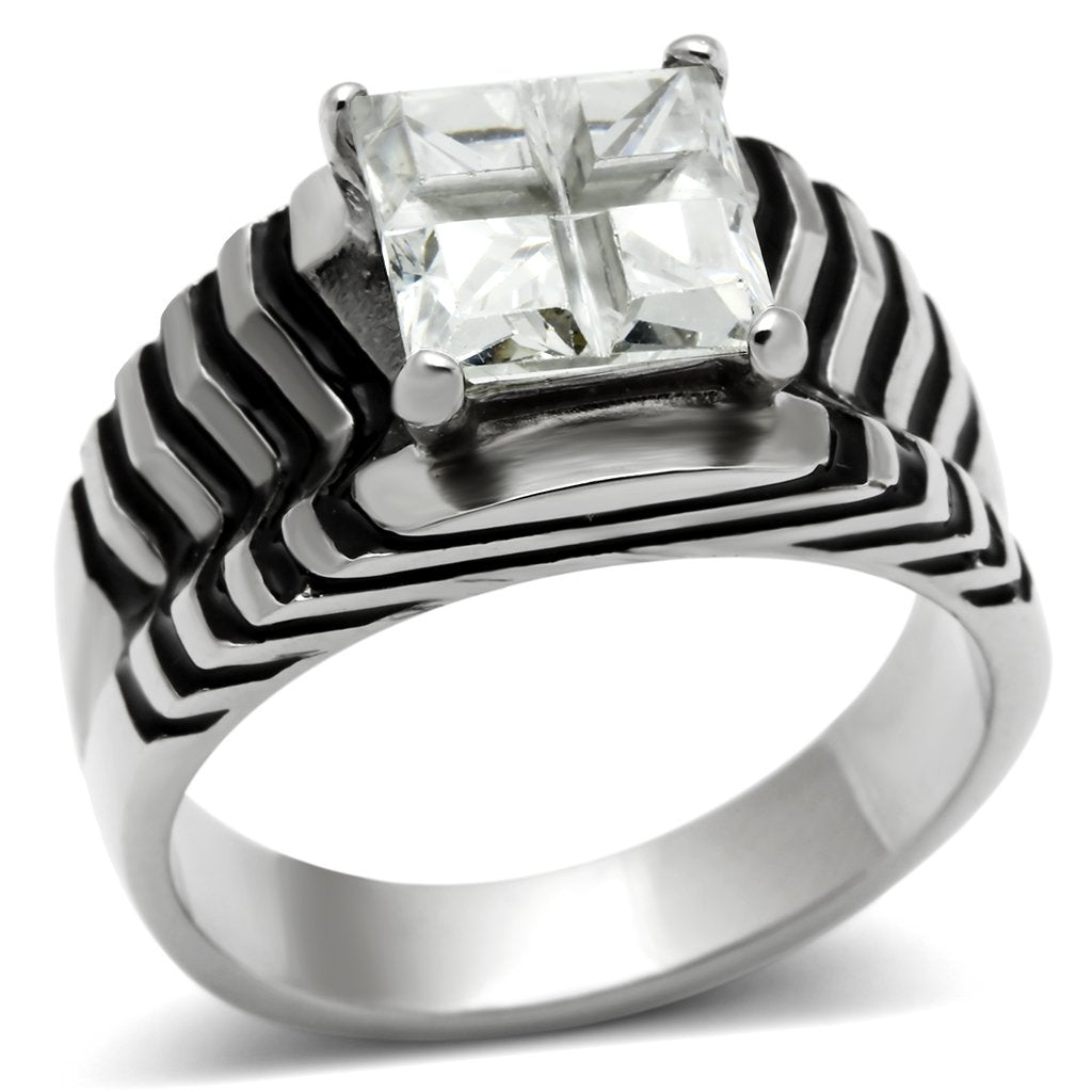 MATK393 - High polished (no plating) Stainless Steel Ring with AAA Grade CZ  in Clear
