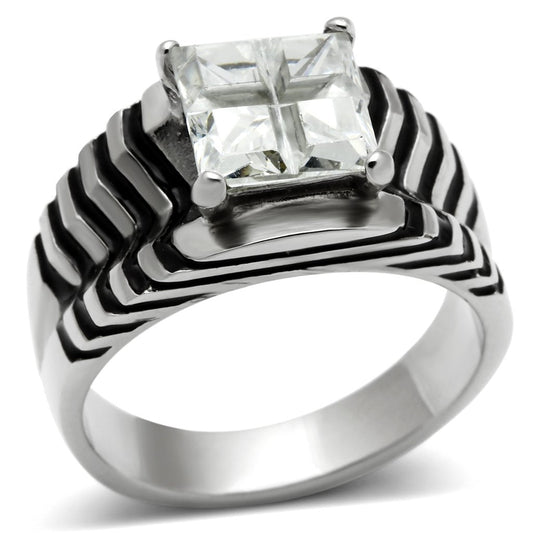 MATK393 - High polished (no plating) Stainless Steel Ring with AAA Grade CZ  in Clear