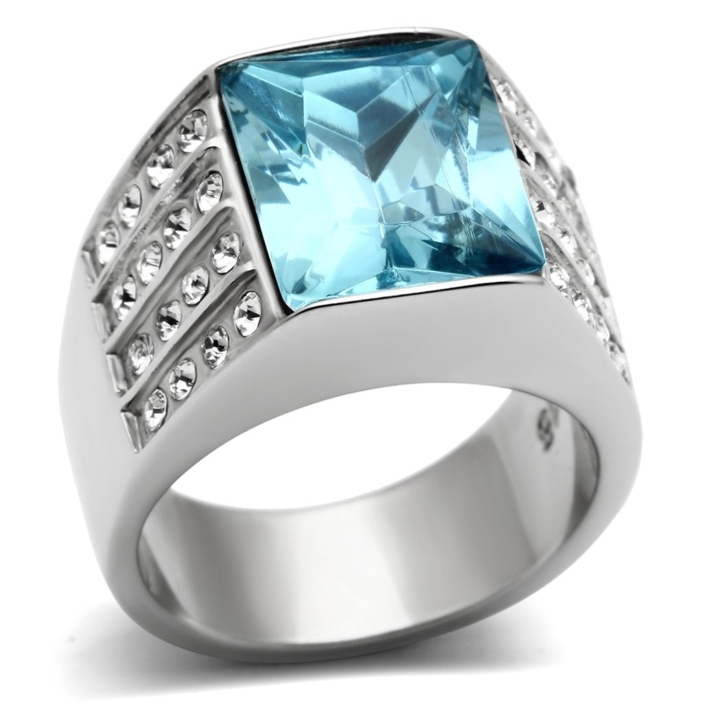 MATK394 - High polished (no plating) Stainless Steel Ring with Synthetic Synthetic Glass in Sea Blue