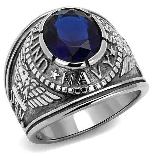 MATK414707 - High polished (no plating) Stainless Steel Ring with Synthetic Synthetic Glass in Sapphire