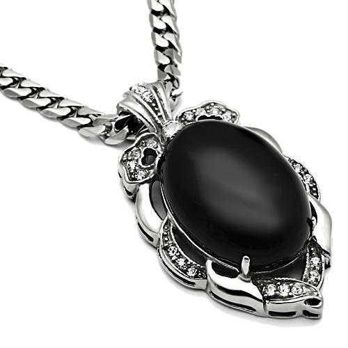 MATK459 - High polished (no plating) Stainless Steel Chain Pendant with Semi-Precious Onyx in Jet