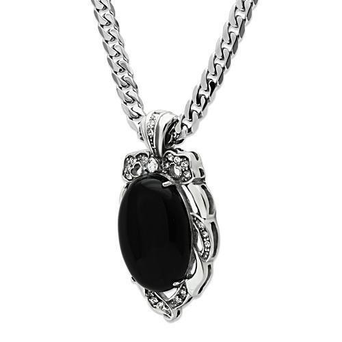 MATK459 - High polished (no plating) Stainless Steel Chain Pendant with Semi-Precious Onyx in Jet