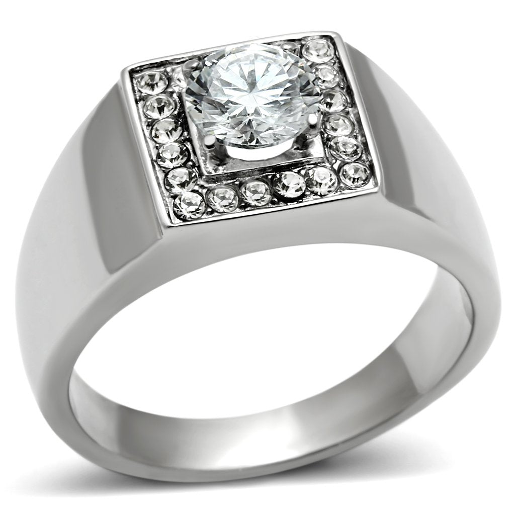 MATK483 - High polished (no plating) Stainless Steel Ring with AAA Grade CZ  in Clear