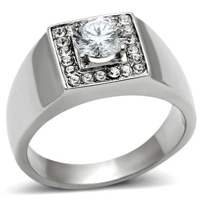 MATK483 - High polished (no plating) Stainless Steel Ring with AAA Grade CZ  in Clear
