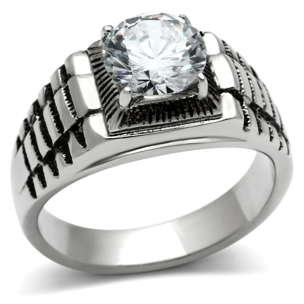 MATK485 - High polished (no plating) Stainless Steel Ring with AAA Grade CZ  in Clear