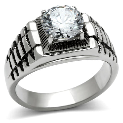 MATK485 - High polished (no plating) Stainless Steel Ring with AAA Grade CZ  in Clear