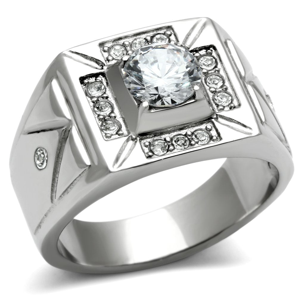 MATK486 - High polished (no plating) Stainless Steel Ring with AAA Grade CZ  in Clear