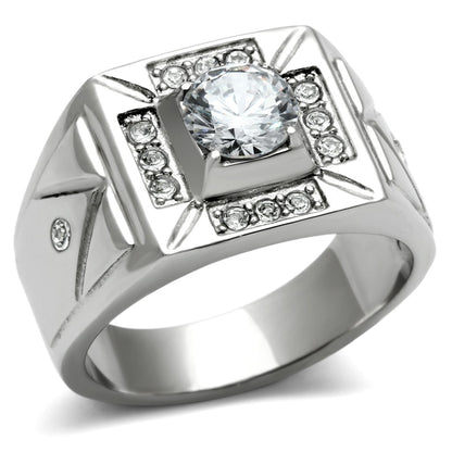MATK486 - High polished (no plating) Stainless Steel Ring with AAA Grade CZ  in Clear