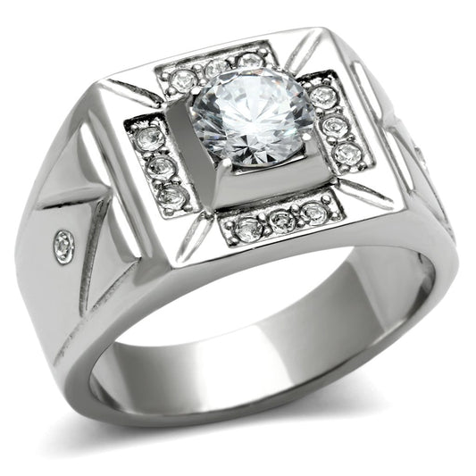 MATK486 - High polished (no plating) Stainless Steel Ring with AAA Grade CZ  in Clear
