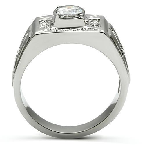MATK486 - High polished (no plating) Stainless Steel Ring with AAA Grade CZ  in Clear