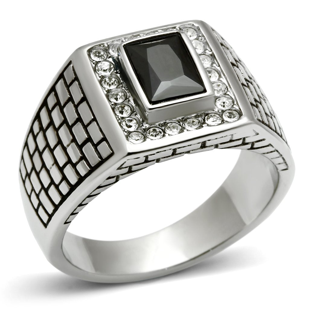 MATK494 - High polished (no plating) Stainless Steel Ring with AAA Grade CZ  in Jet