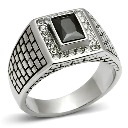 MATK494 - High polished (no plating) Stainless Steel Ring with AAA Grade CZ  in Jet