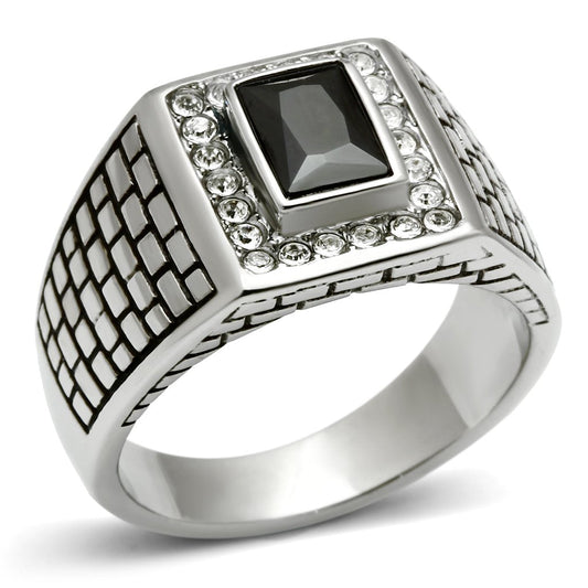 MATK494 - High polished (no plating) Stainless Steel Ring with AAA Grade CZ  in Jet