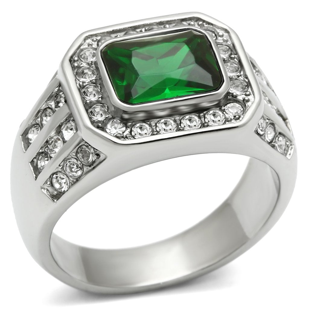 MATK495 - High polished (no plating) Stainless Steel Ring with Synthetic Synthetic Glass in Emerald