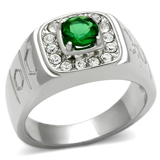 MATK496 - High polished (no plating) Stainless Steel Ring with Synthetic Synthetic Glass in Emerald