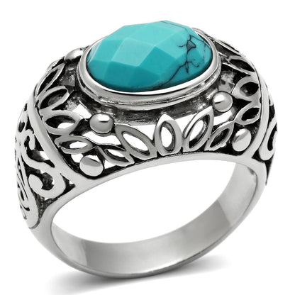 MATK498 - High polished (no plating) Stainless Steel Ring with Synthetic Turquoise in Sea Blue