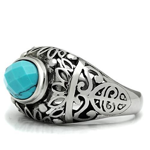 MATK498 - High polished (no plating) Stainless Steel Ring with Synthetic Turquoise in Sea Blue