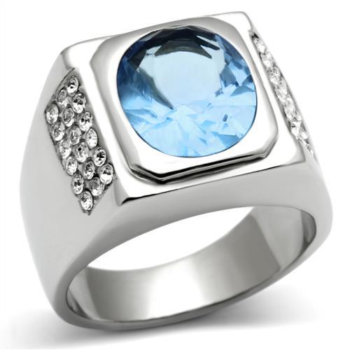 MATK500 - High polished (no plating) Stainless Steel Ring with Synthetic Synthetic Glass in Light Sapphire
