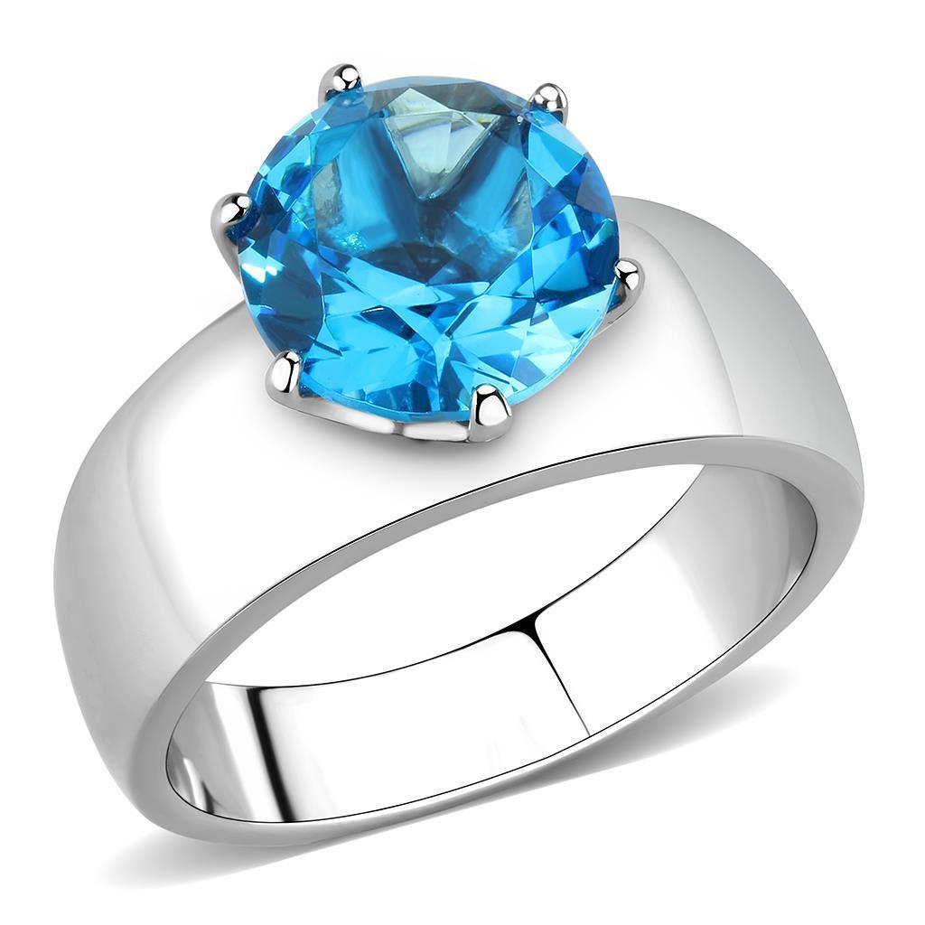 MATK52003 - High polished (no plating) Stainless Steel Ring with Synthetic Synthetic Glass in Sea Blue