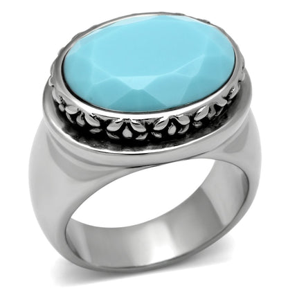 MATK525 - High polished (no plating) Stainless Steel Ring with Synthetic Synthetic Glass in Sea Blue