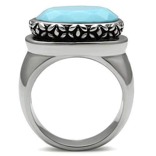 MATK525 - High polished (no plating) Stainless Steel Ring with Synthetic Synthetic Glass in Sea Blue