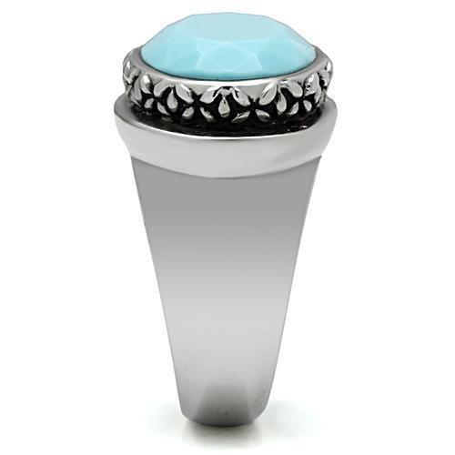 MATK525 - High polished (no plating) Stainless Steel Ring with Synthetic Synthetic Glass in Sea Blue