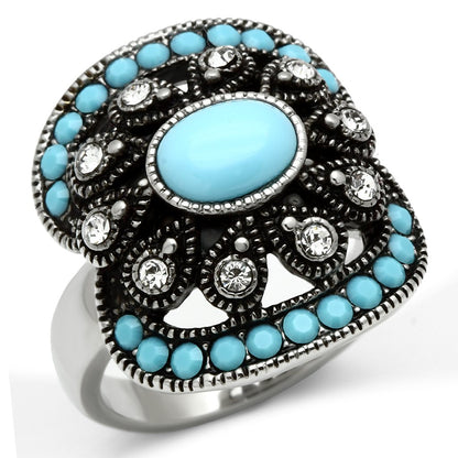 MATK526 - High polished (no plating) Stainless Steel Ring with Synthetic Synthetic Glass in Sea Blue