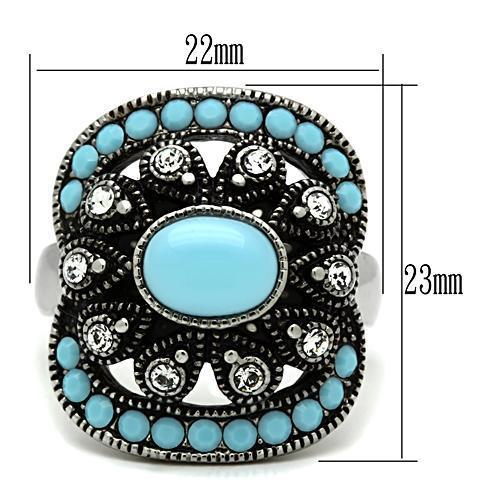 MATK526 - High polished (no plating) Stainless Steel Ring with Synthetic Synthetic Glass in Sea Blue