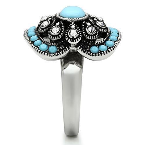 MATK526 - High polished (no plating) Stainless Steel Ring with Synthetic Synthetic Glass in Sea Blue