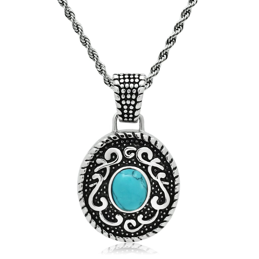 MATK550 - High polished (no plating) Stainless Steel Necklace with Synthetic Turquoise in Sea Blue