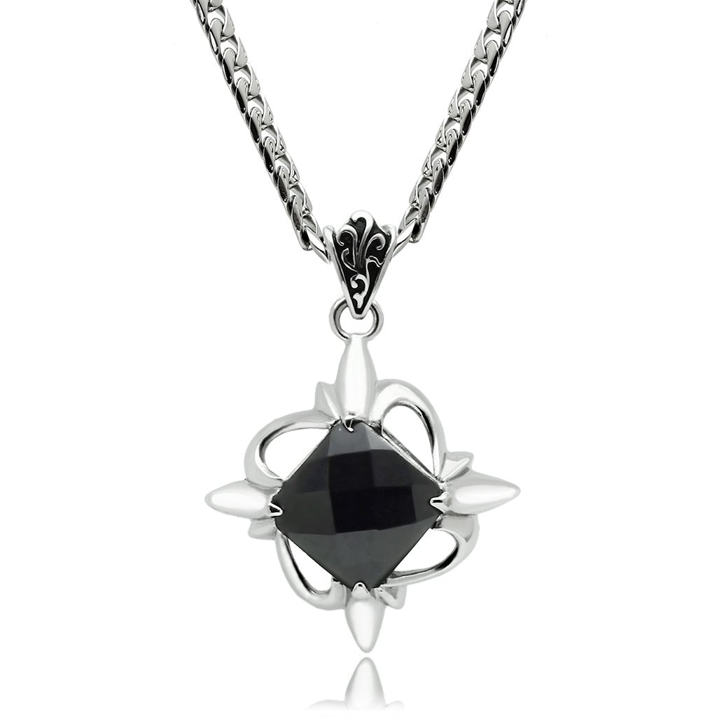 MATK560 - High polished (no plating) Stainless Steel Chain Pendant with Synthetic Onyx in Jet
