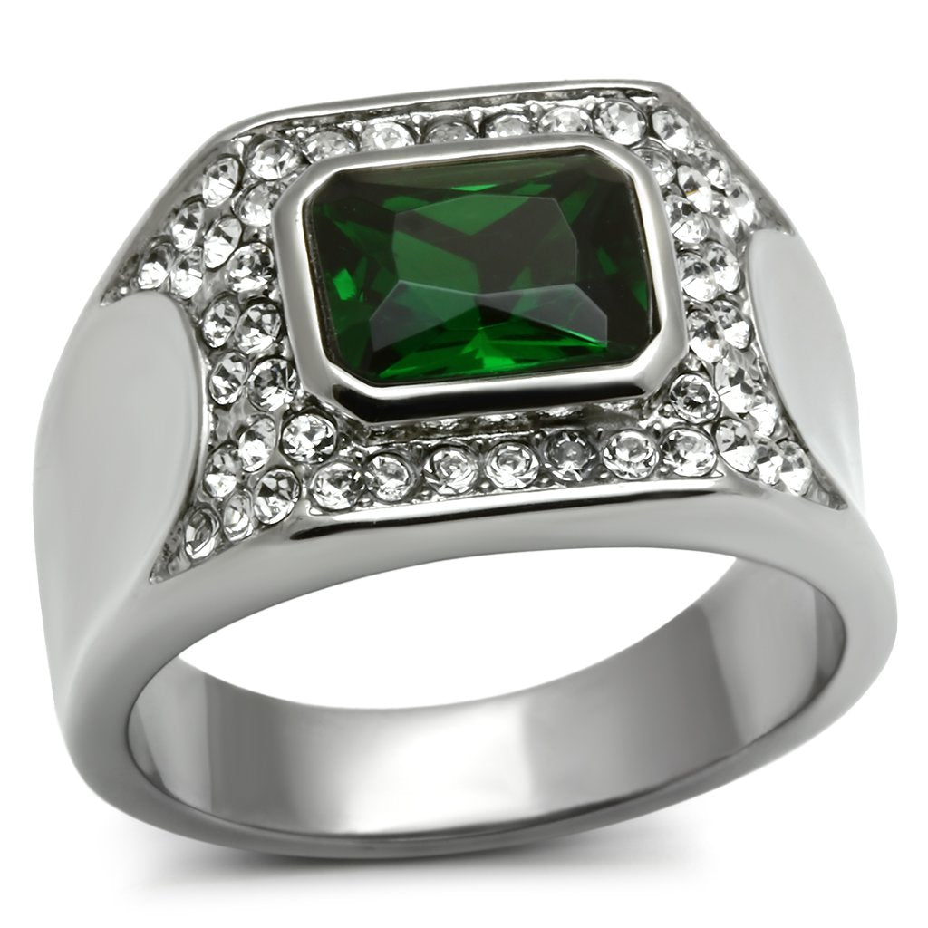 MATK590 - High polished (no plating) Stainless Steel Ring with Synthetic Synthetic Glass in Emerald