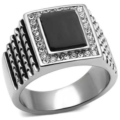 MATK592 - High polished (no plating) Stainless Steel Ring with Synthetic Synthetic Stone in Jet