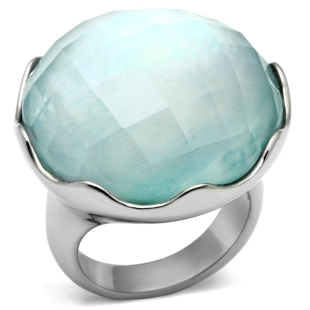 MATK637 - High polished (no plating) Stainless Steel Ring with Synthetic Synthetic Glass in Sea Blue