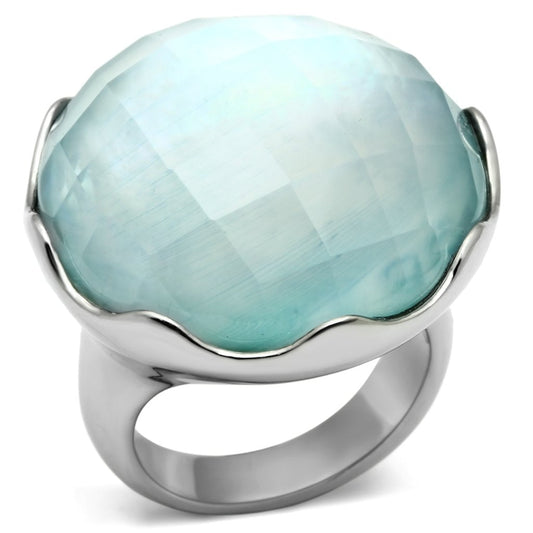 MATK637 - High polished (no plating) Stainless Steel Ring with Synthetic Synthetic Glass in Sea Blue