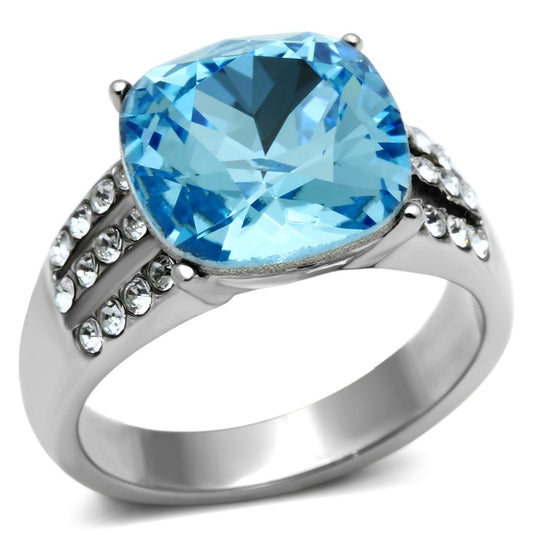 MATK647 - High polished (no plating) Stainless Steel Ring with Top Grade Crystal  in Sea Blue