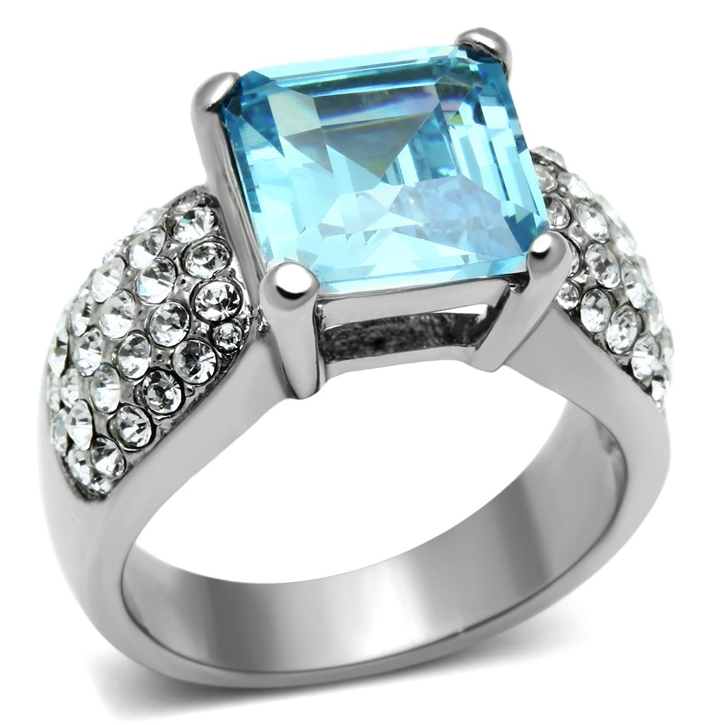 MATK648 - High polished (no plating) Stainless Steel Ring with Top Grade Crystal  in Sea Blue