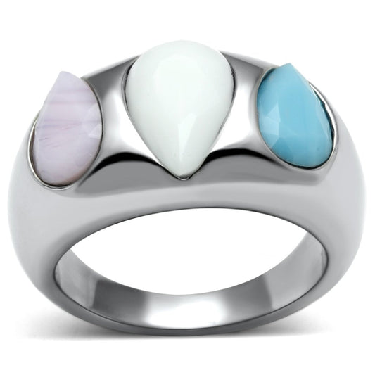MATK690 - High polished (no plating) Stainless Steel Ring with Synthetic Synthetic Glass in Multi Color