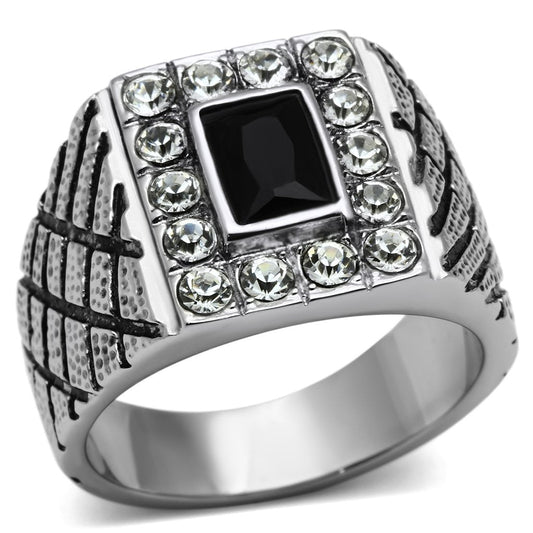 MATK700 - High polished (no plating) Stainless Steel Ring with Synthetic Synthetic Glass in Jet