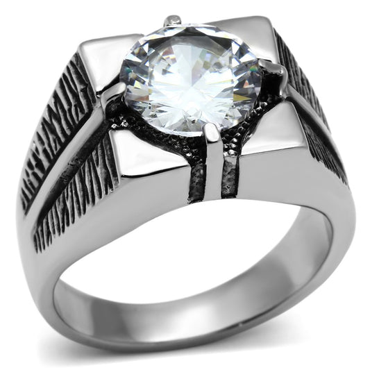 MATK701 - High polished (no plating) Stainless Steel Ring with AAA Grade CZ  in Clear